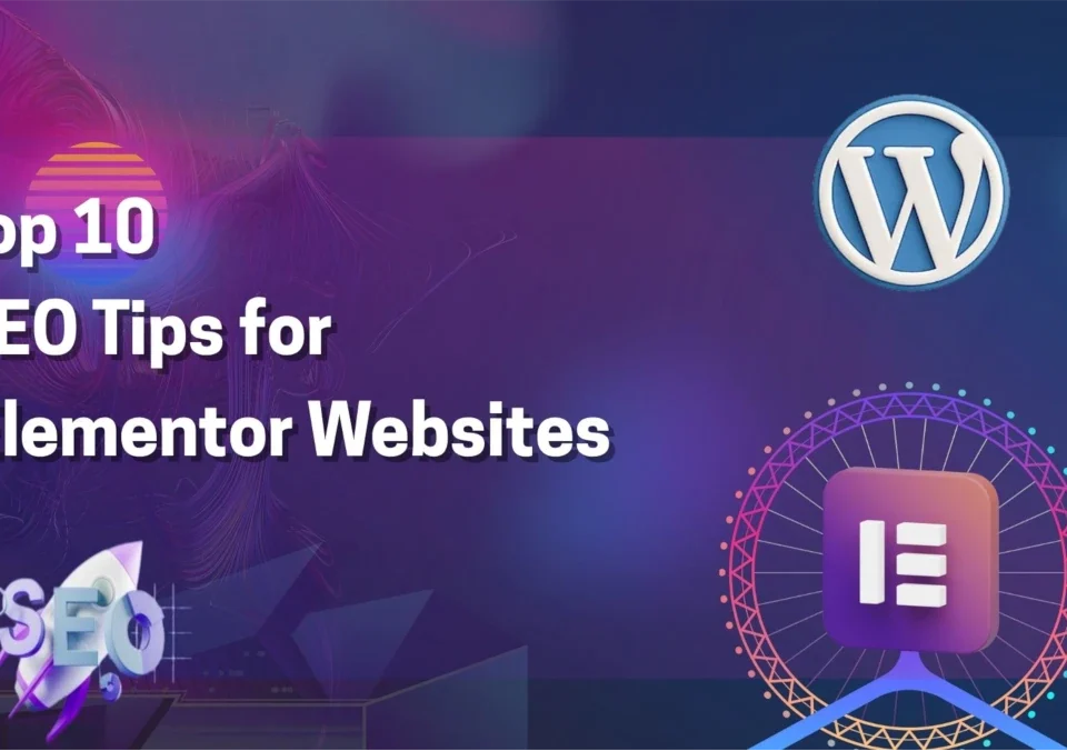Dark blue background with seo, wordpress, and elementor icons - ultimate seo tips to improve google rankings