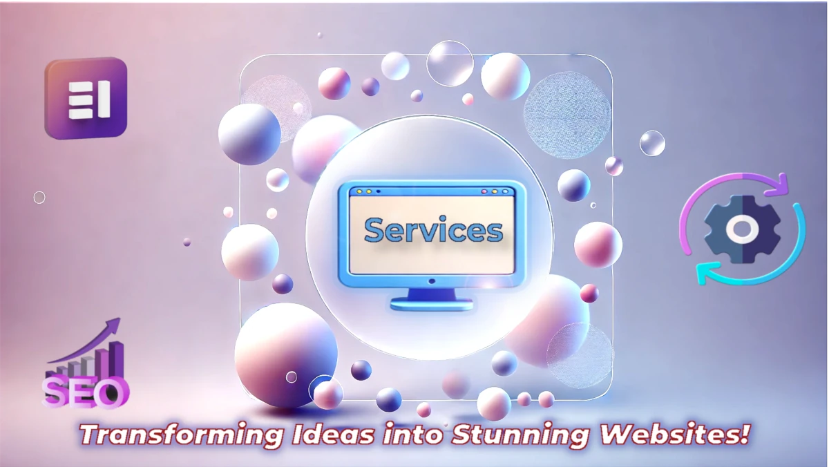 3D illustration of Elementor Web Design Services with WordPress, SEO, and redesign icons