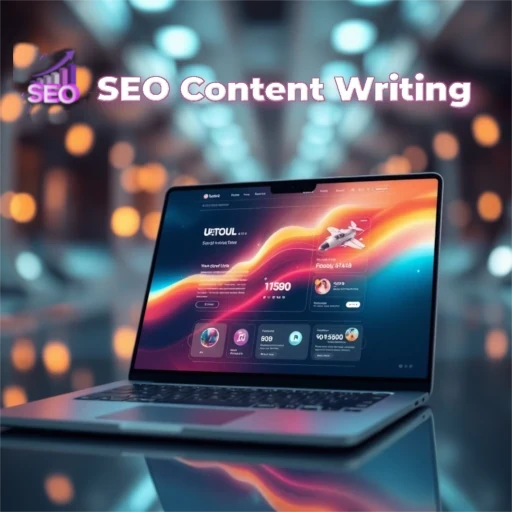 Services 3d laptop illustration of seo content writing for elementor web design services with seo icon